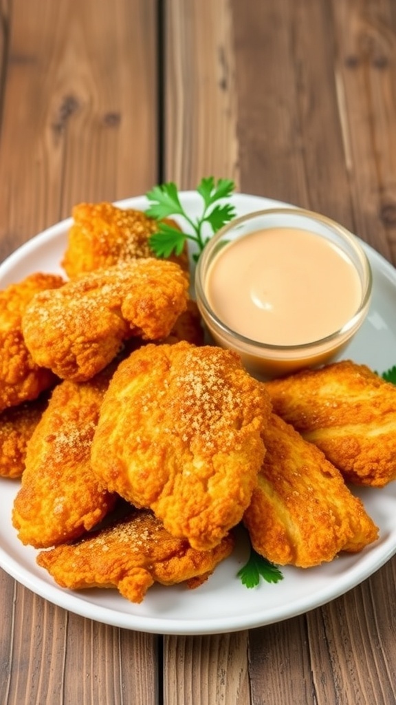 Crispy air fryer chicken strips on a plate with dipping sauce and parsley garnish.